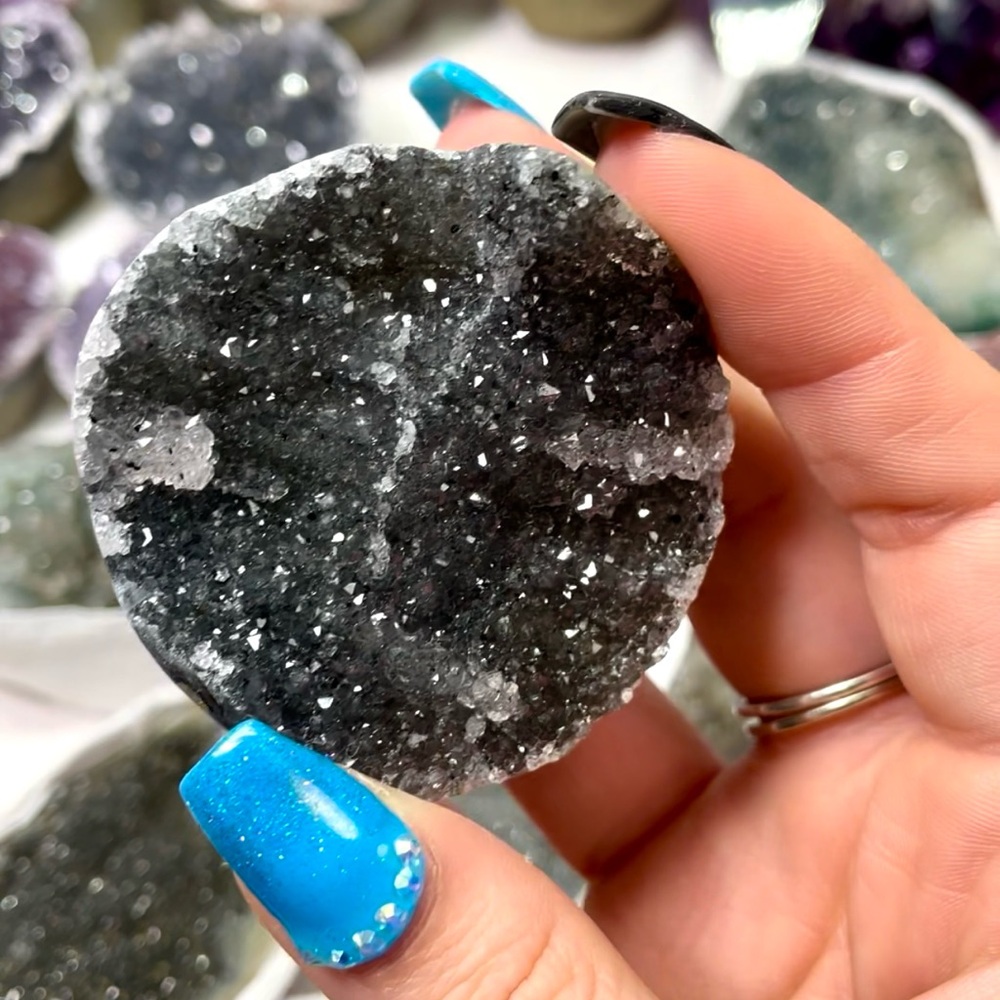 Dark Druzy Amethyst Quartz Geode Slice on Chalcedony Base | Brazil